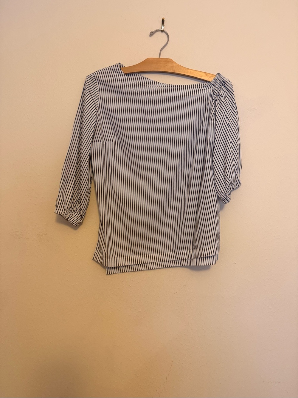 Ralph Lauren Navy & White Striped One-Puff Sleeve Boatneck Blouse